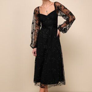 Lulus Darling Charisma Black Mesh Embroidered Midi Dress - Size S